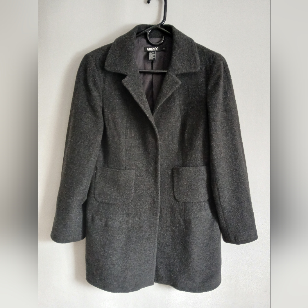 Dkny Women's Dark Gray Wool Coat 3 Snap Closure Mid Length Sz8 Pockets